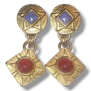 Vintage Robert Rose Signed Gold Tone Clip On Dangle Earrings Blue Red Cabochon